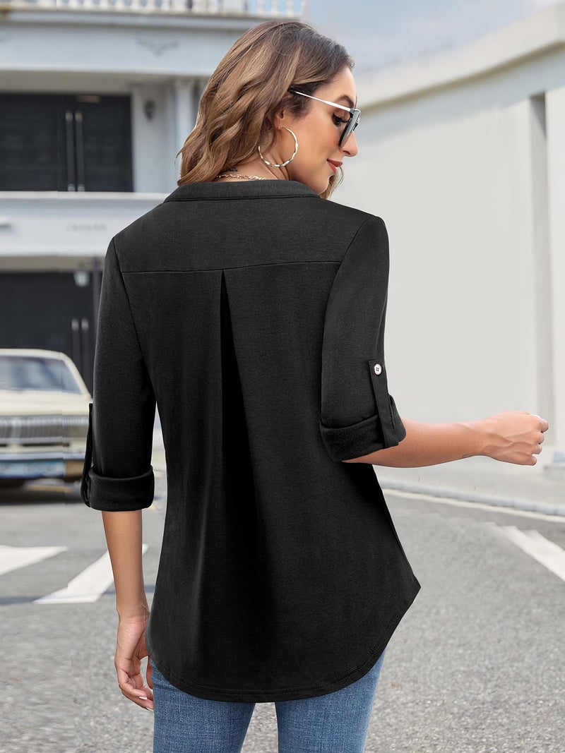 Bulotus Women's 3/4 Sleeve Tunic Tops to Wear with Leggings Fall Top Business Casual Blouses for Work Professional V Neck Black Tunic Shirt, Black, Large - Image 4